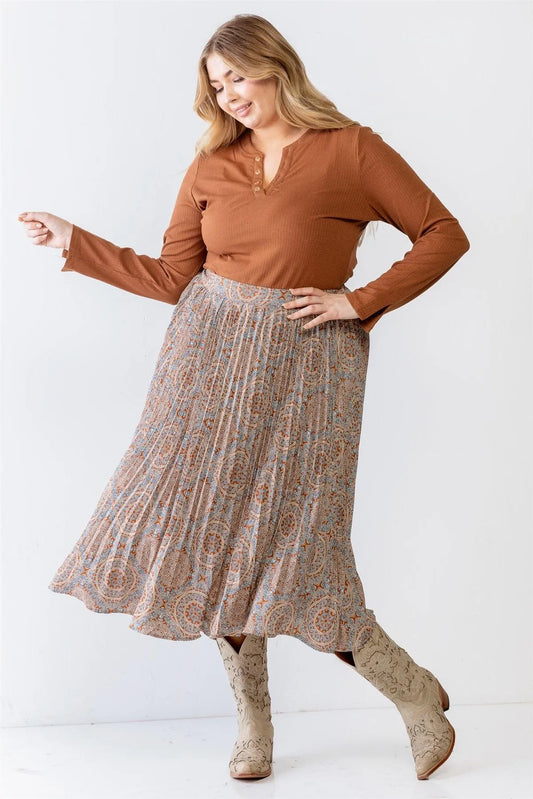Junior Plus Rust Bohemian Print Pleated Midi Skirt /3-2-1 - Tasha Apparel Wholesale