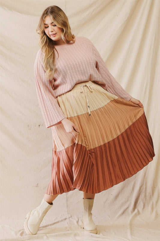 Junior Plus Brick Colorblock Pleated Satin Effect Midi Skirt /3-2-1 - Tasha Apparel Wholesale