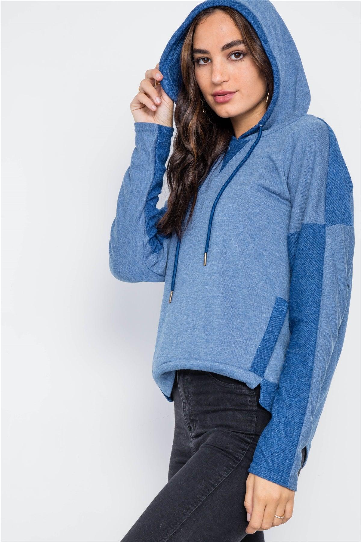 Blue Contrast Long Sleeves Hoodie Sweater /1-2-2