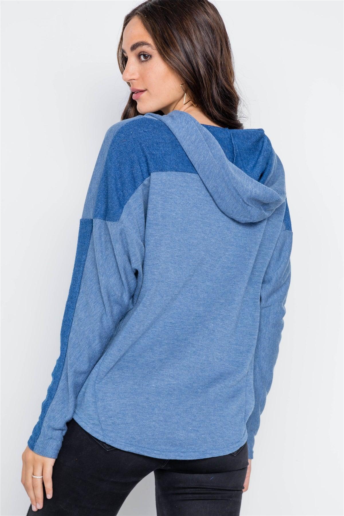 Blue Contrast Long Sleeves Hoodie Sweater /1-2-2