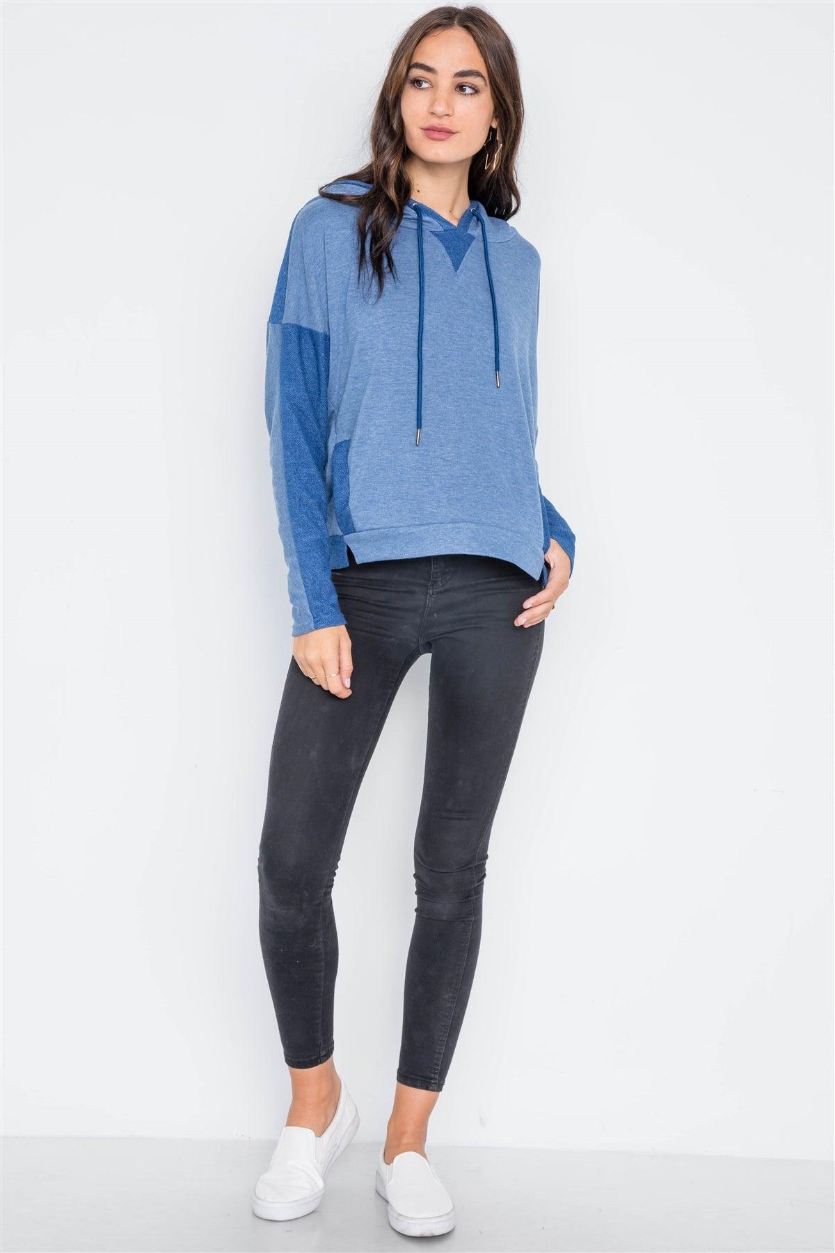 Blue Contrast Long Sleeves Hoodie Sweater /2-2-2