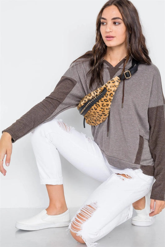 Mocha Contrast Long Sleeves Hoodie Sweater /2-2-2 - Tasha Apparel Wholesale