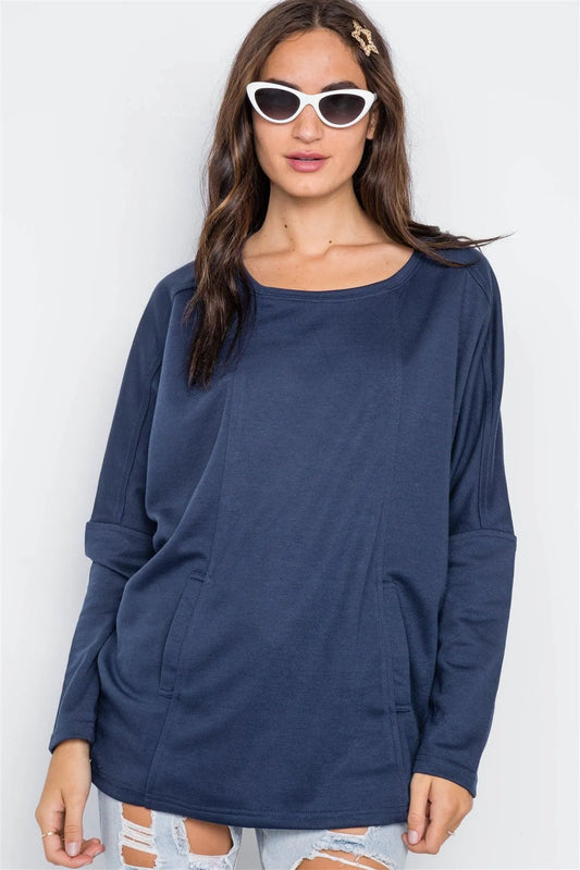Navy Round Neck Batwing Sleeve Solid Sweater /2-2-2 - Tasha Apparel Wholesale