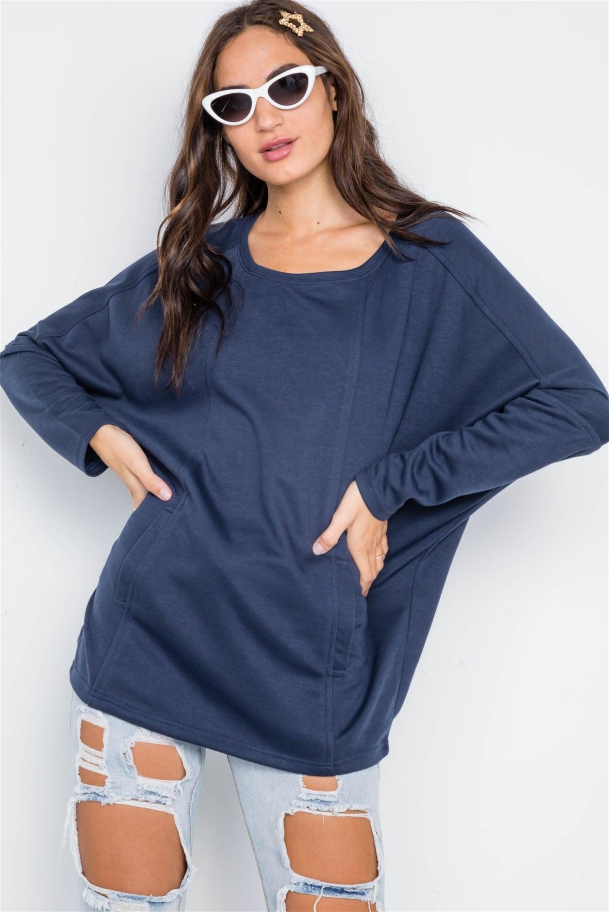 Navy Round Neck Batwing Sleeve Solid Sweater /2-2-2