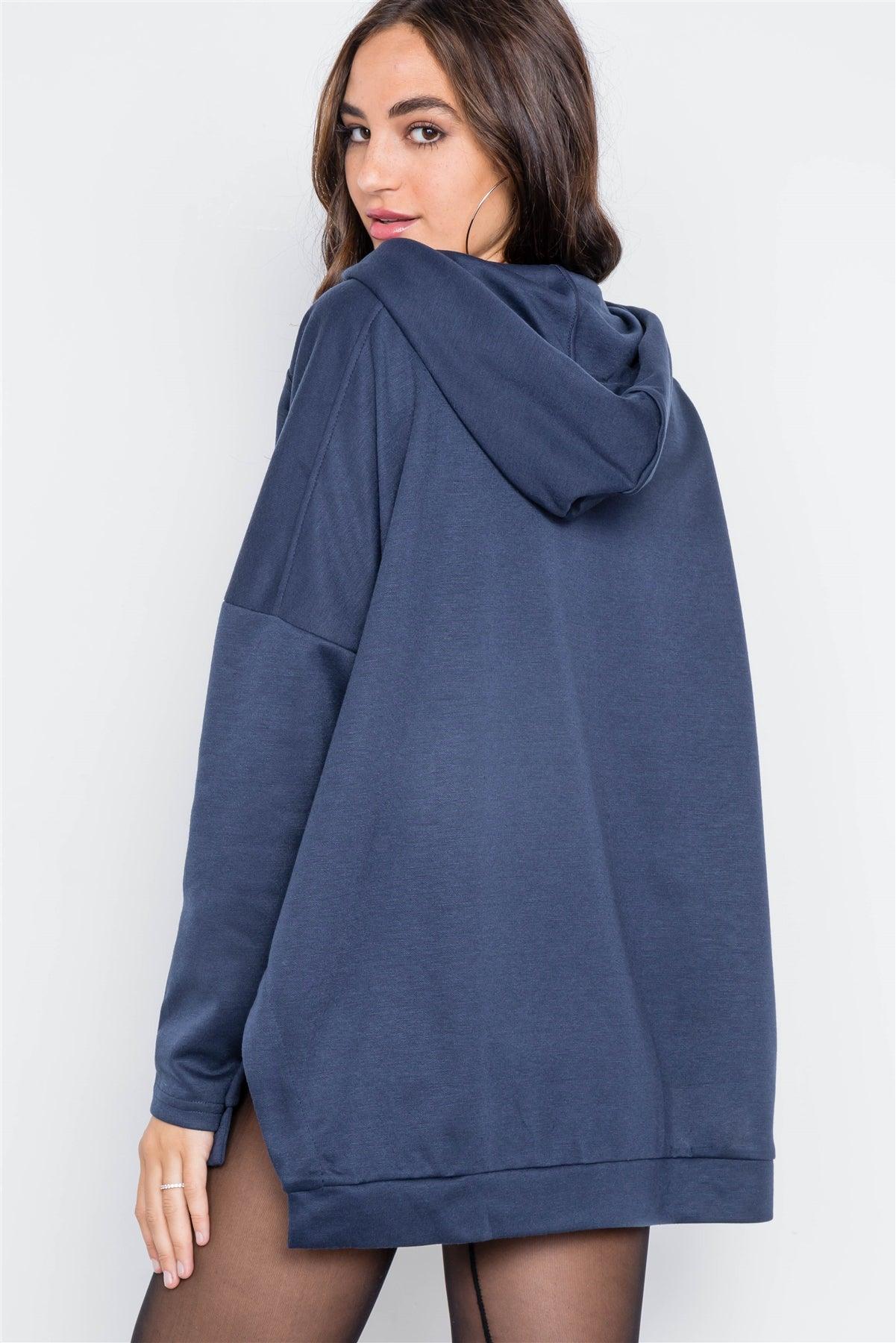 Navy Long Sleeve Solid Hoodie Sweater /2-2-2
