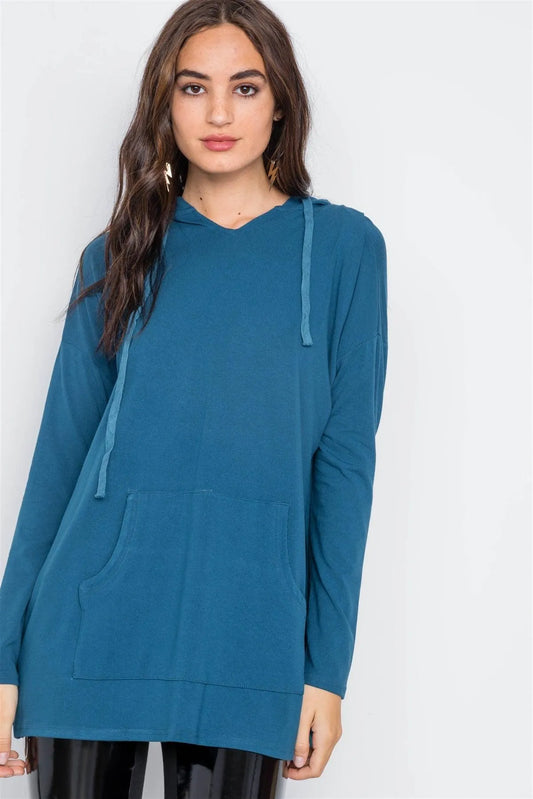 Teal Knit Long Sleeve Hooded Solid Sweater /2-2-2 - Tasha Apparel Wholesale