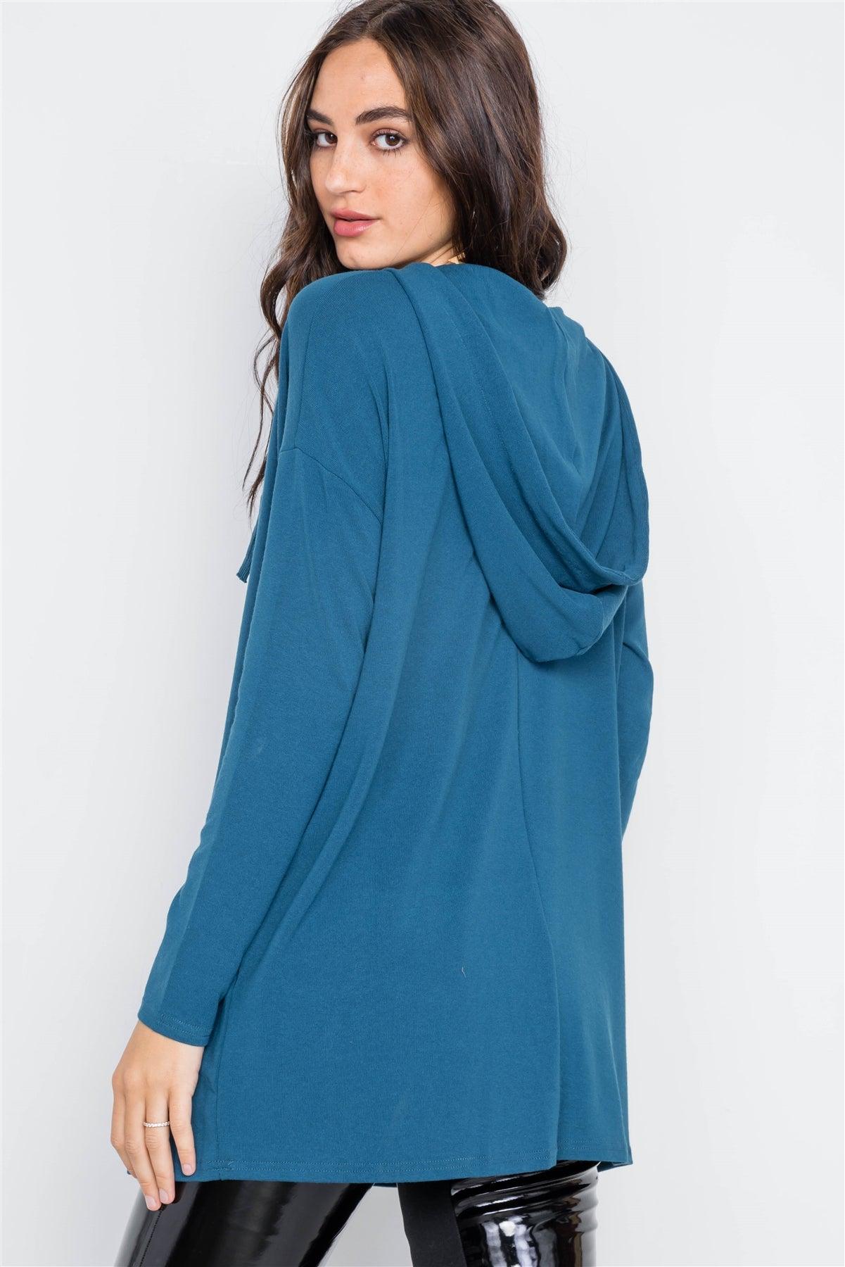 Teal Knit Long Sleeve Hooded Solid Sweater /2-2-2