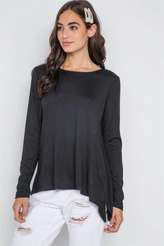 Black Long Sleeve Solid Asymmetrical Sweater /2-2-2 - Tasha Apparel Wholesale