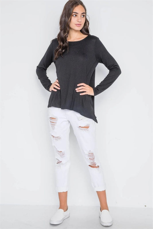 Black Long Sleeve Solid Asymmetrical Sweater /1-3-3 - Tasha Apparel Wholesale