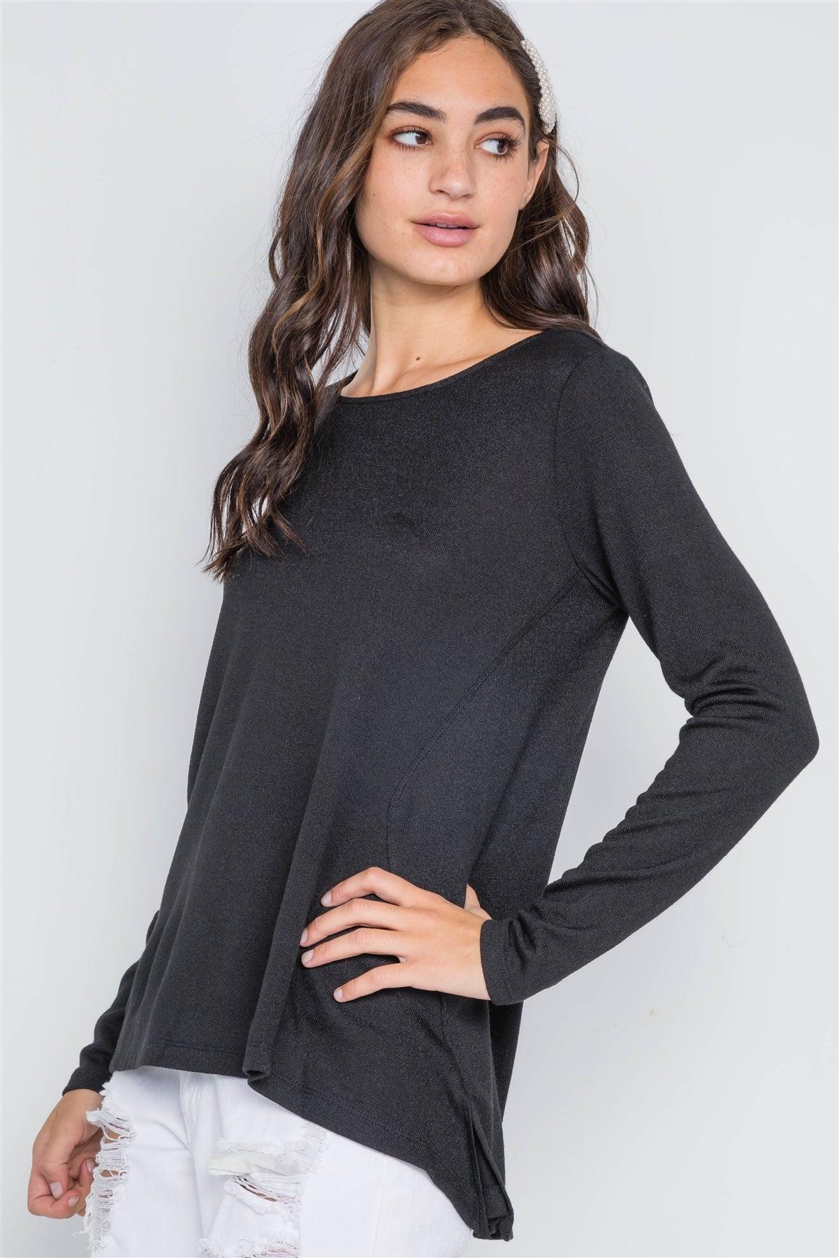 Black Long Sleeve Solid Asymmetrical Sweater /1-3-3
