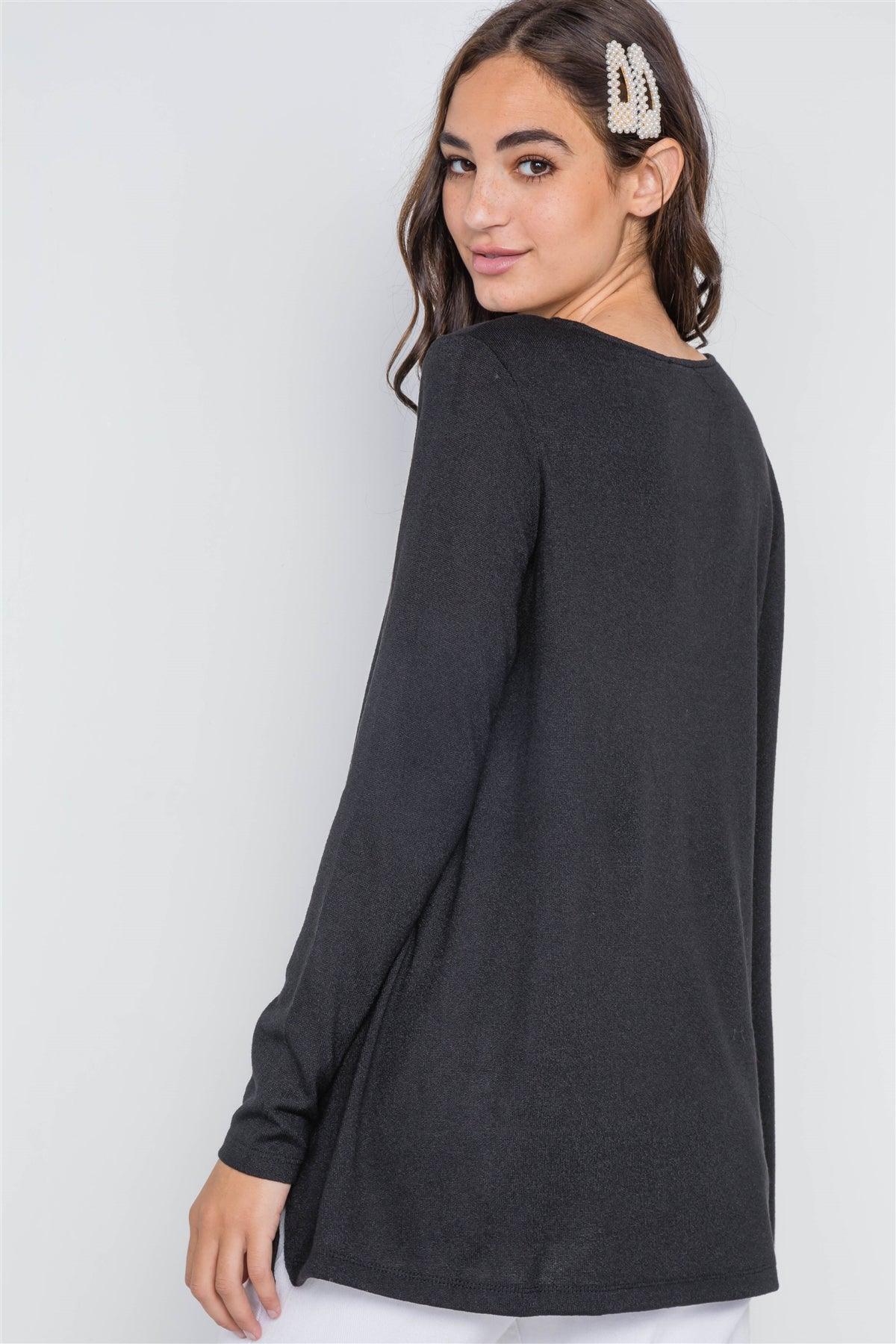 Black Long Sleeve Solid Asymmetrical Sweater /1-3-3