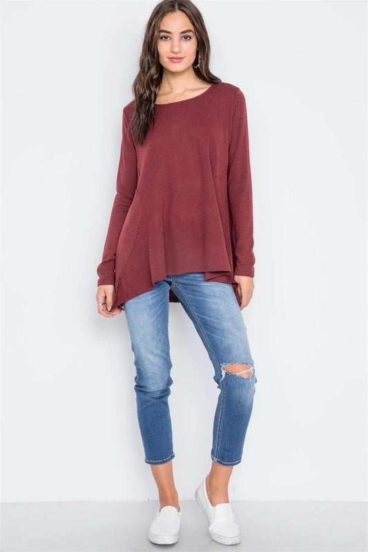 Wine Long Sleeve Loose Fit Solid Top /2-2 - Tasha Apparel Wholesale