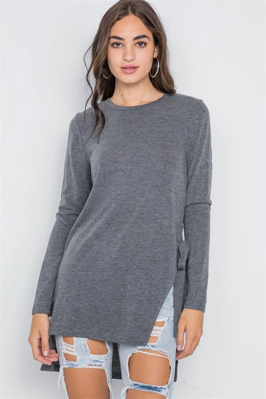 Charcoal Knit High-Low Side-Tie Sweater /2-2-2 - Tasha Apparel Wholesale