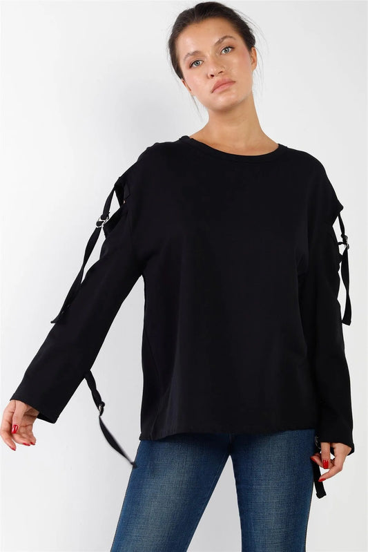 Black Long Sleeve Cut-Out Sweater /2-2-2 - Tasha Apparel Wholesale