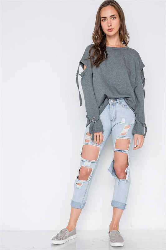 Charcoal Long Sleeve Cut-Out Sweater /2-3 - Tasha Apparel Wholesale