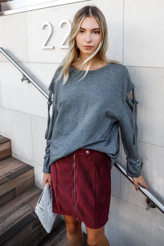 Charcoal Cut-Out Sleeves Raw Trim Sweatshirt /2-2-2 - Tasha Apparel Wholesale