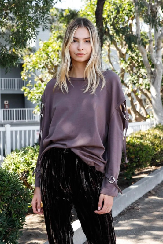 Cocoa Long Cut-Out Sleeves Raw Trim Sweatshirt /2-2-2 - Tasha Apparel Wholesale