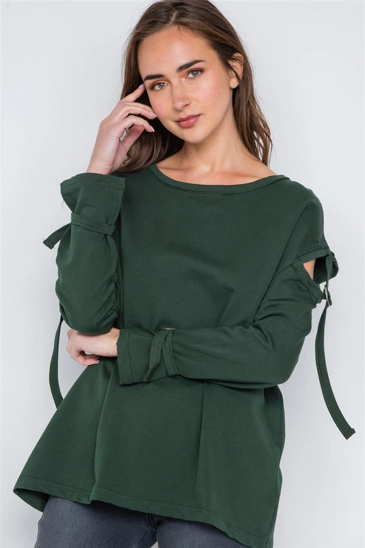 Hunter Green Long Sleeve Cut-Out Sweater /3-3 - Tasha Apparel Wholesale