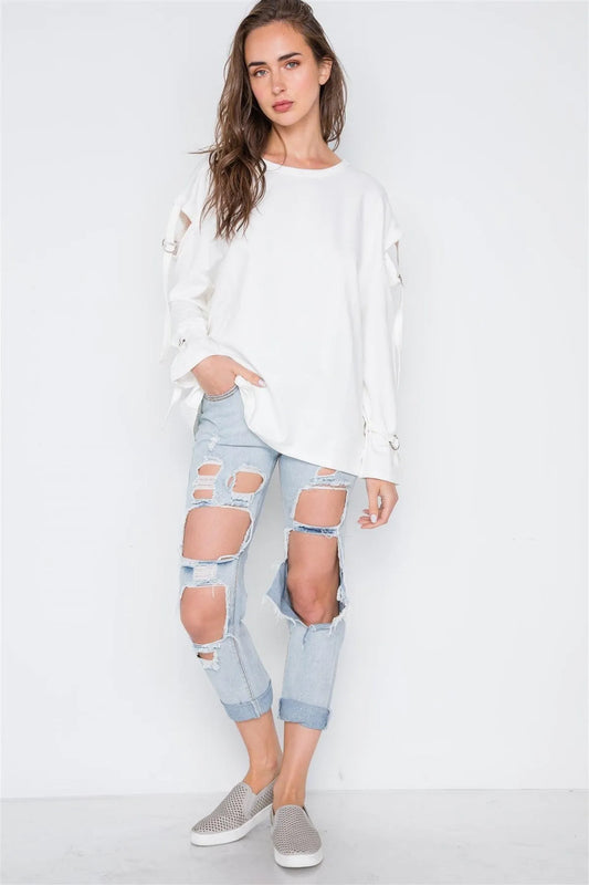 Off White Long Sleeve Cut-Out Sweater /1-1-1 - Tasha Apparel Wholesale