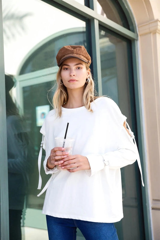 Off White Long Cut-Out Sleeves Raw Trim Sweatshirt /2-2-2 - Tasha Apparel Wholesale