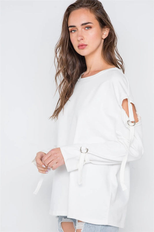 Off White Long Sleeve Cut-Out Sweater /3-3 - Tasha Apparel Wholesale