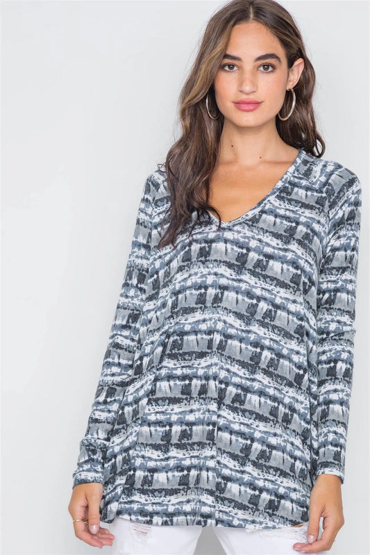 Black Mix Dye Knit V-Neck Loose Fit Top / 2-2-2 - Tasha Apparel Wholesale