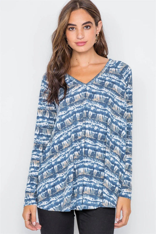 Navy Mix Dye Knit V-Neck Loose Fit Top / 2-2-2 - Tasha Apparel Wholesale