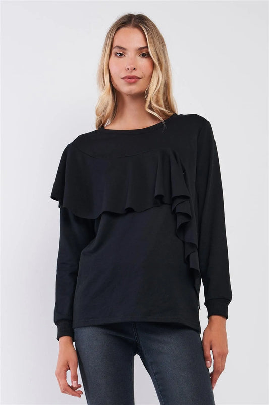 Black Ruffled Crew Neck Long Sleeve Sweatshirt /2-2-2 - Tasha Apparel Wholesale