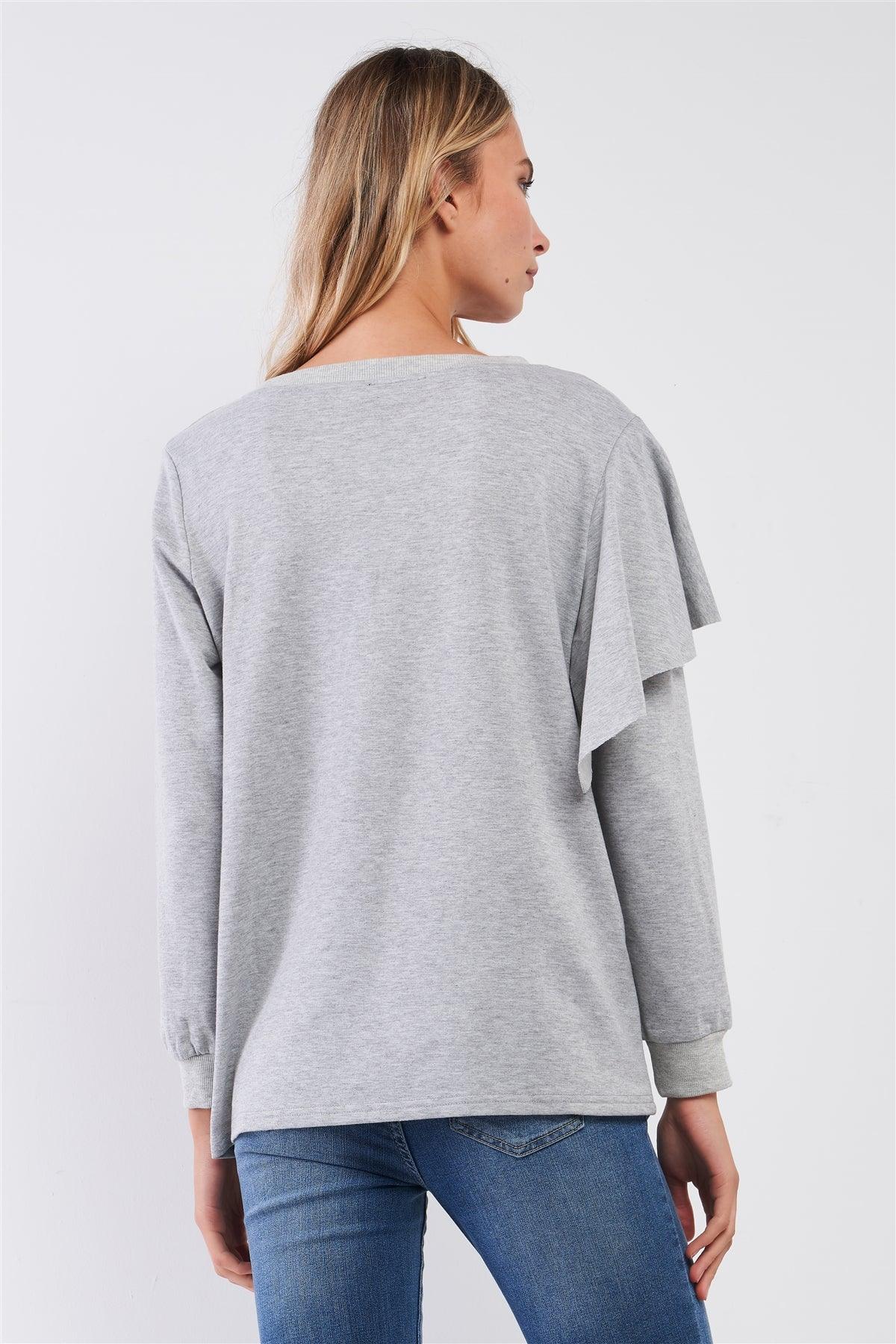 Heather-Gray Ruffled Crew Neck Long Sleeve Sweatshirt /2-2