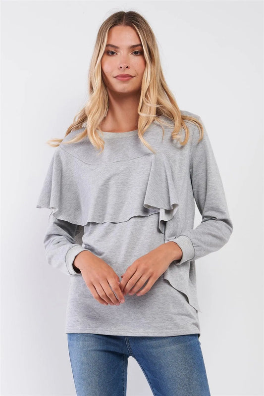 Heather-Gray Ruffled Crew Neck Long Sleeve Sweatshirt /1-2-2 - Tasha Apparel Wholesale
