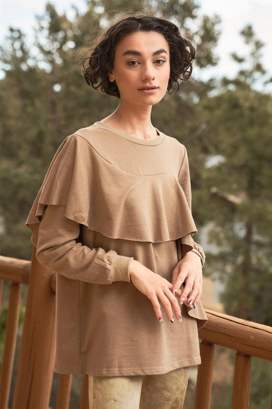 Mocha Ruffled Crew Neck Long Sleeve Top - Tasha Apparel Wholesale