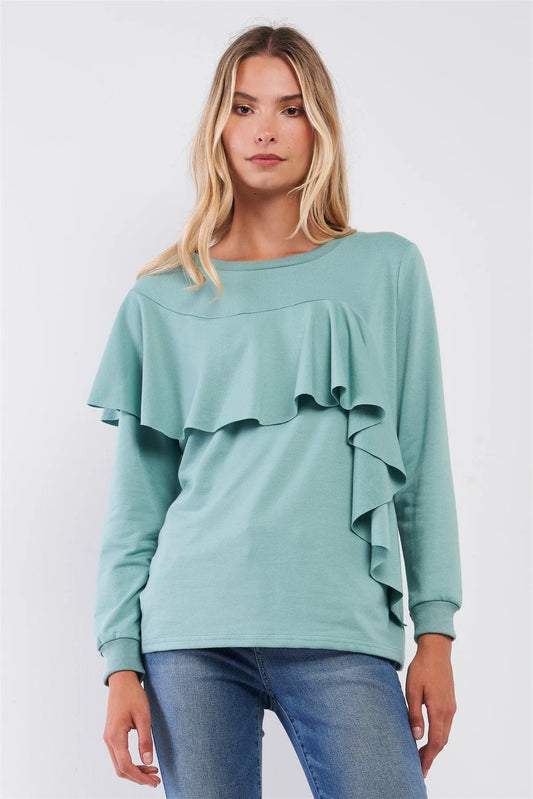 Sage Ruffled Crew Neck Long Sleeve Sweatshirt /2-2 - Tasha Apparel Wholesale