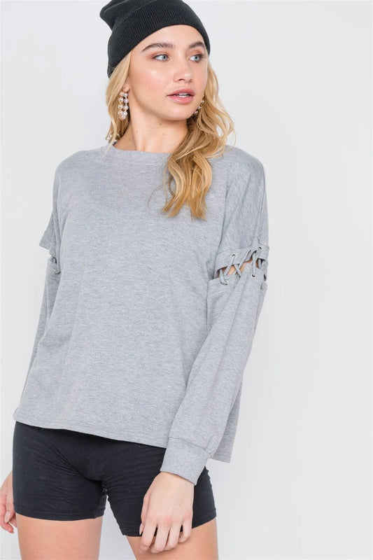 Heather Grey Laced Sleeves Solid Sweater /2-2-2 - Tasha Apparel Wholesale