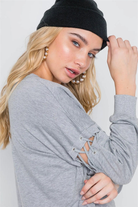 Heather Grey Laced Sleeves Solid Sweater /3-1-2 - Tasha Apparel Wholesale