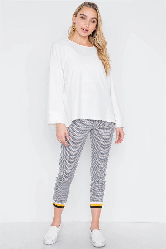 Off White Pearl Sleeves Round Neck Top /1-2-1 - Tasha Apparel Wholesale