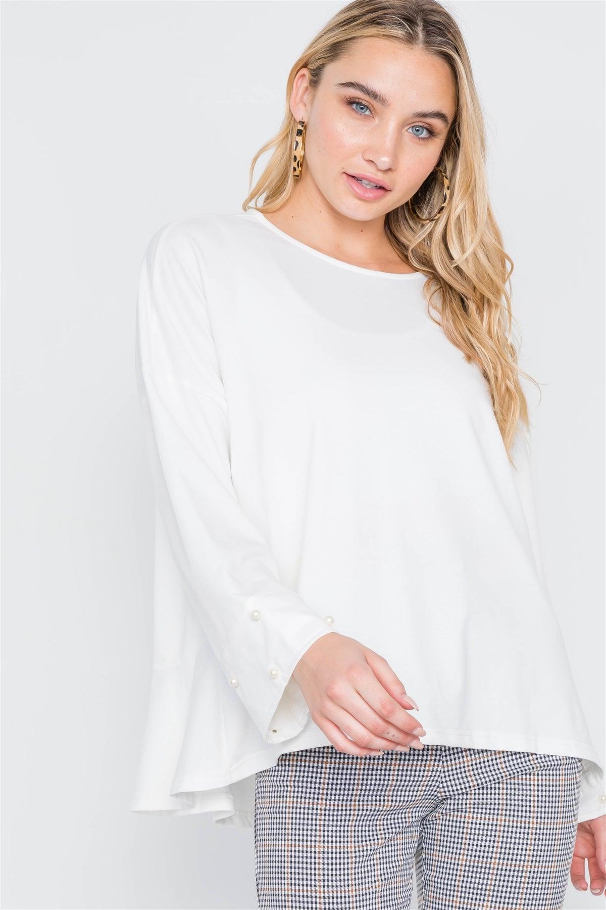 Off White Pearl Sleeves Round Neck Top /1-2-1