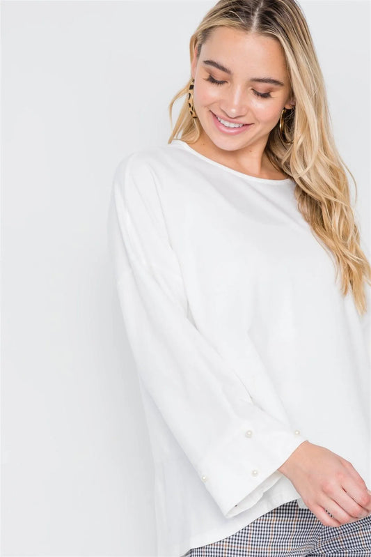 Off White Pearl Sleeves Round Neck Top /2-2-2 - Tasha Apparel Wholesale