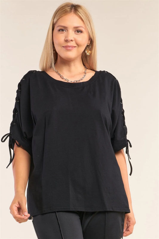 Junior Plus Size Black Relaxed Fit Round Neck Braid Threading Draw String Tie Detail Midi Sleeve Top /3-2-1 - Tasha Apparel Wholesale