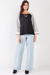 Black & Heather Grey Lace-Up V-Neck Long Bell Sleeve Asymmetrical Sweatshirt /2-2-2