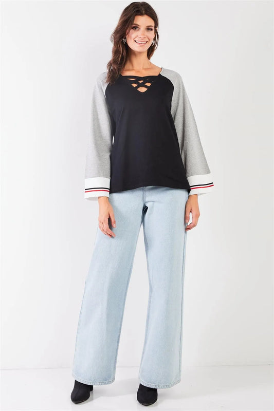 Black & Heather Grey Lace-Up V-Neck Long Bell Sleeve Asymmetrical Sweatshirt /2-2-2 - Tasha Apparel Wholesale
