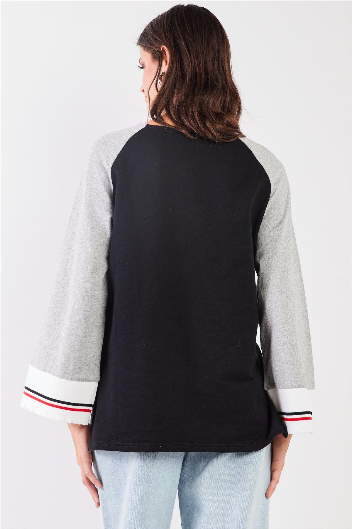 Black & Heather Grey Lace-Up V-Neck Long Bell Sleeve Asymmetrical Sweatshirt /2-2-2