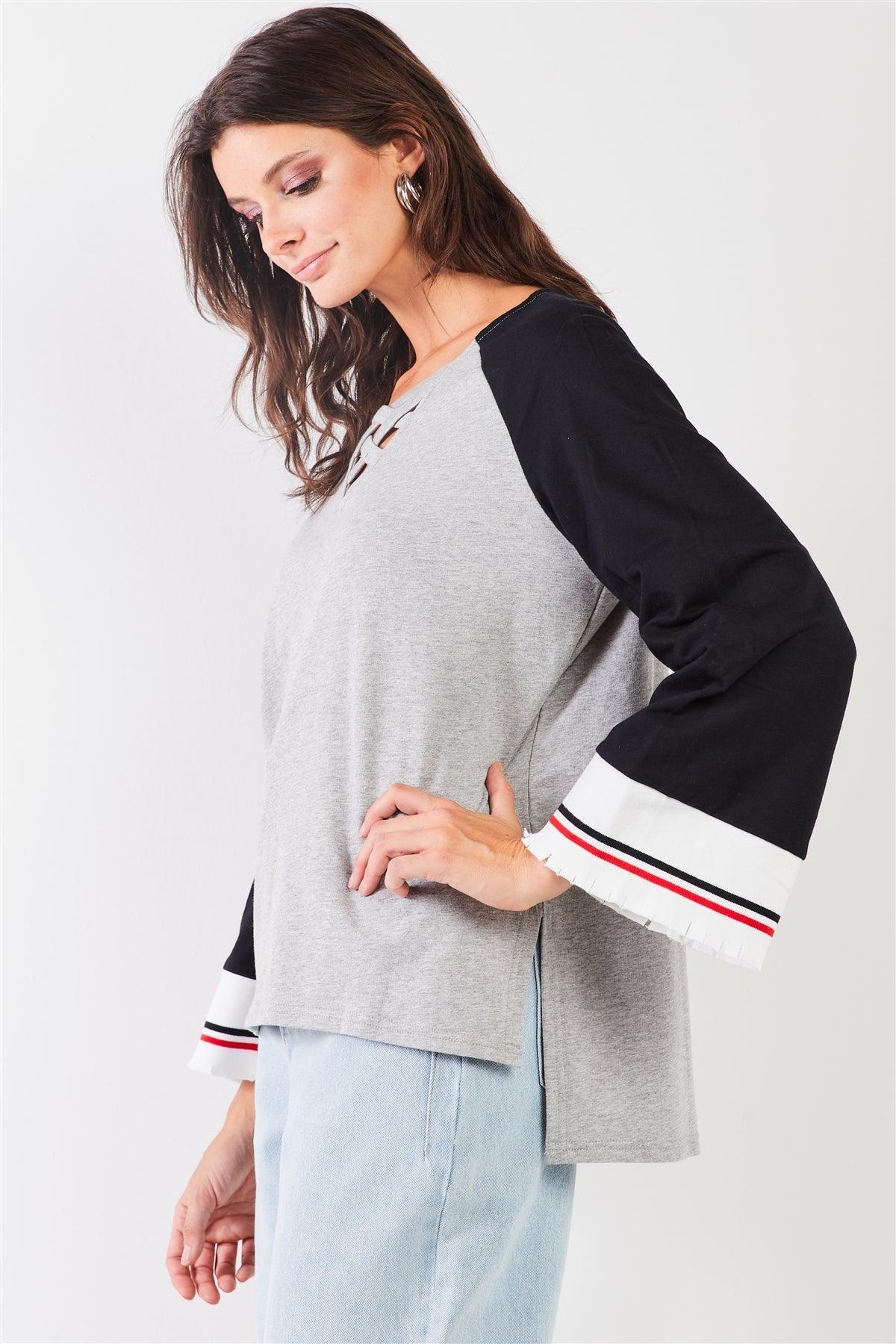Heather Grey & Black Lace-Up V-Neck Long Bell Sleeve Asymmetrical Sweatshirt /2-1-2
