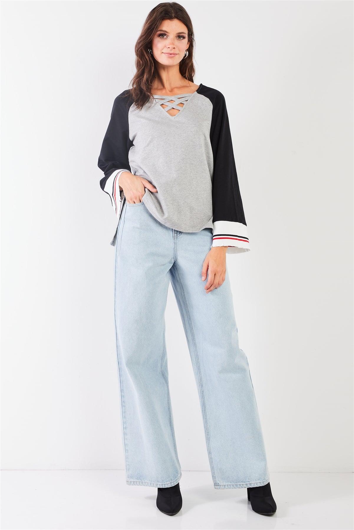 Heather Grey & Black Lace-Up V-Neck Long Bell Sleeve Asymmetrical Sweatshirt /2-1-2