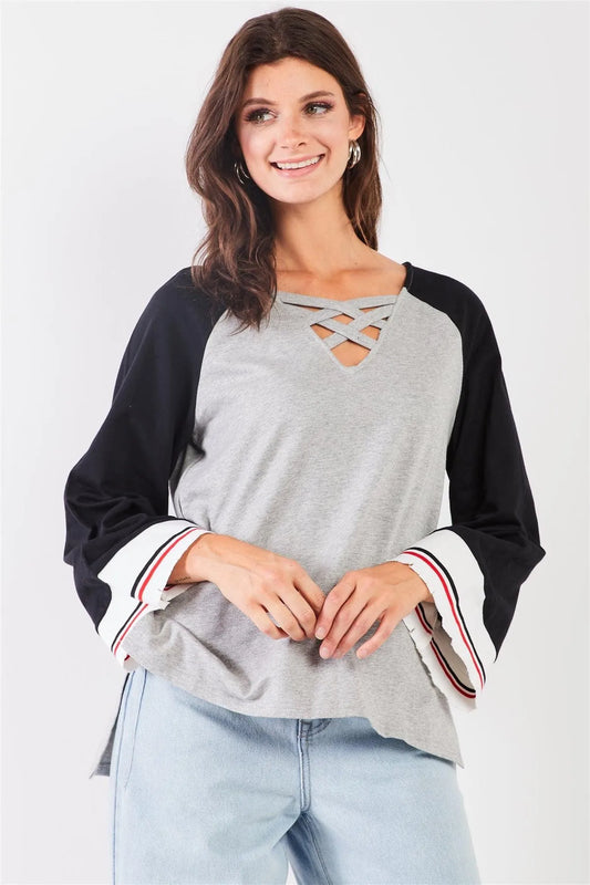 Heather Grey & Black Lace-Up V-Neck Long Bell Sleeve Asymmetrical Sweatshirt /2-2-2 - Tasha Apparel Wholesale