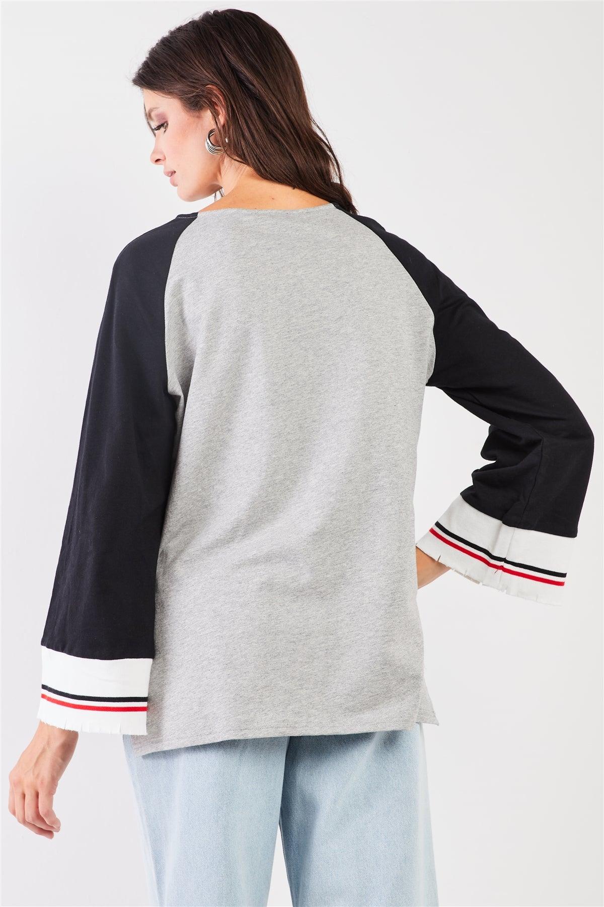 Heather Grey & Black Lace-Up V-Neck Long Bell Sleeve Asymmetrical Sweatshirt /2-2-2