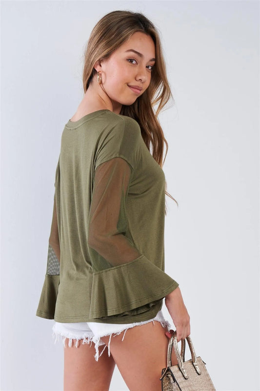 Olive Long Mesh Sleeve Top /1-2-1 - Tasha Apparel Wholesale
