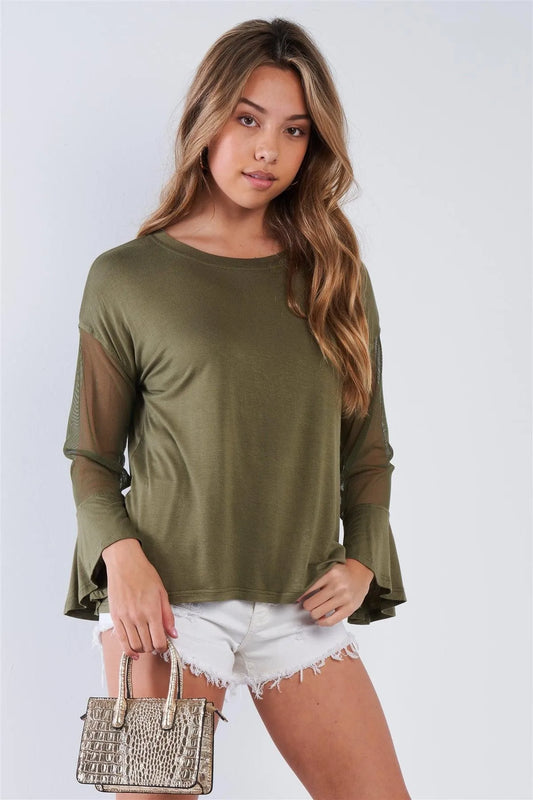 Olive Long Mesh Sleeve Top /2-2-2 - Tasha Apparel Wholesale