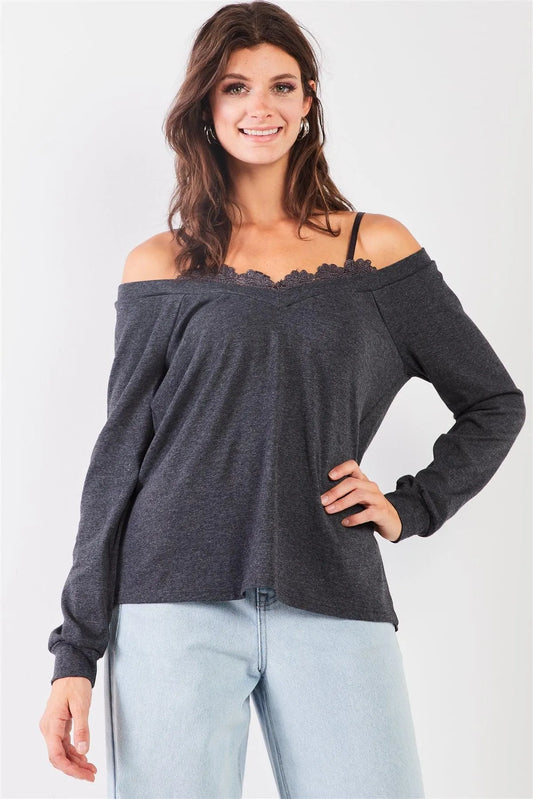Charcoal Off-The-Shoulder Lace Trim Long Sleeve Sweetheart Neck Relaxed Top /2-2-1 - Tasha Apparel Wholesale