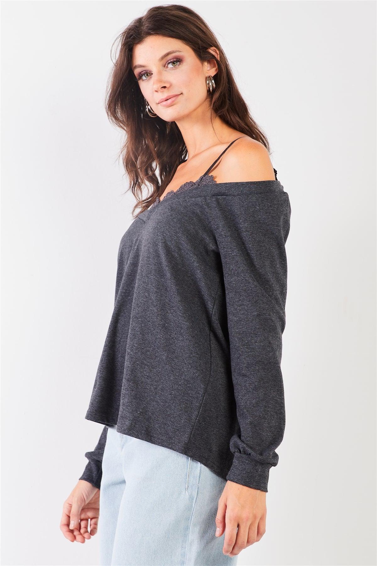 Charcoal Off-The-Shoulder Lace Trim Long Sleeve Sweetheart Neck Relaxed Top /2-2-1