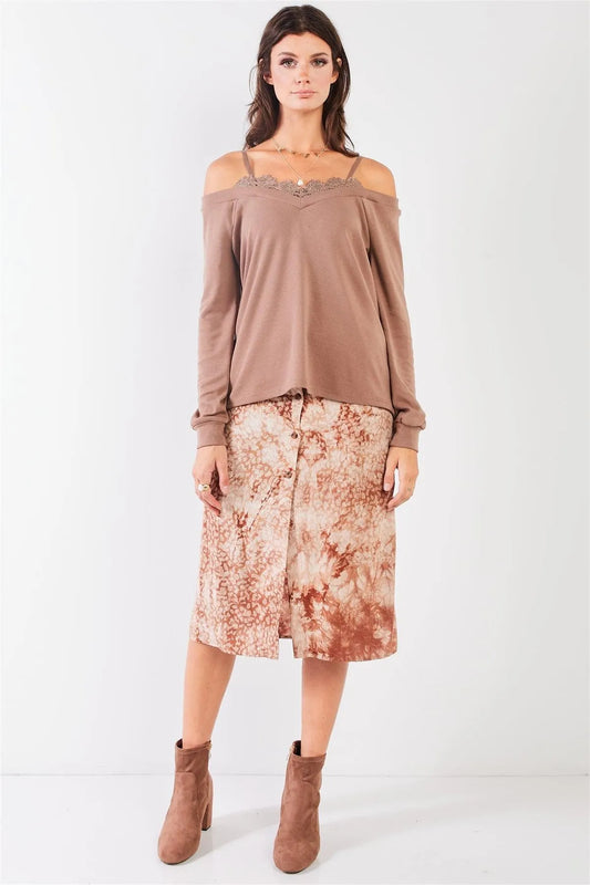 Mocha Off-The-Shoulder Lace Trim Long Sleeve Sweetheart Neck Relaxed Top /2-1-1 - Tasha Apparel Wholesale